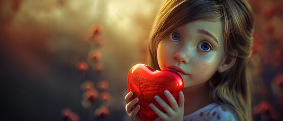 Ilustração do dia dos namorados de uma linda garotinha segurando um coração vermelho - obrazy, fototapety, plakaty