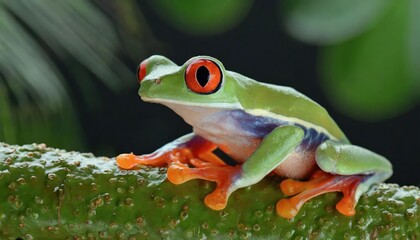 Fototapeta premium Red-eyed tree frog closeup on leaves, Red-eyed tree frog (Agalychnis callidryas) looks over leaf edge