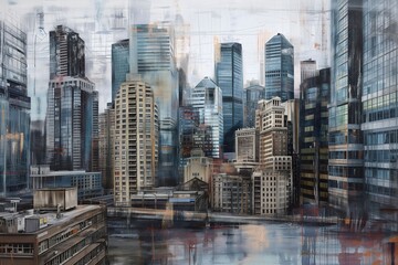Fototapeta na wymiar Abstract Urban Landscape Painting with Textured Skyscrapers and Water Reflection