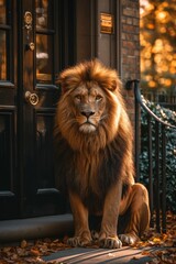 A big lion is sitting guarding the front door of the house