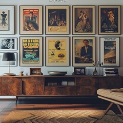 Contemporary Living Room with Vintage Posters and Wooden Furniture