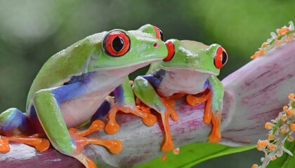 Fototapeta premium Red-eyed tree frog closeup on leaves, Red-eyed tree frog (Agalychnis callidryas) looks over leaf edge
