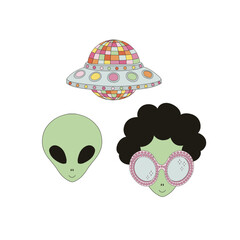 Retro sci-fi green man alien head with afro hair style in sunglasses ufo flying saucer disco ball vector illustration set isolated on white. Groovy disco 60s 70s 80s retro party print collection.