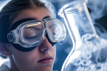 person wearing safety goggles near boiling laboratory flask