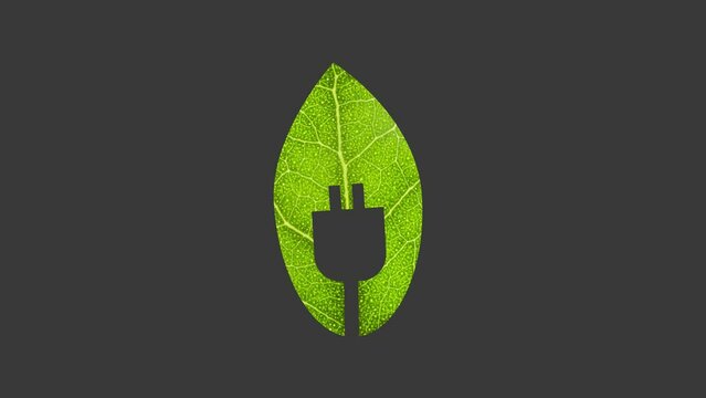 Powerplant changing to Waving green leaf with plug. Renewable energy symbol motion graphics. Generating electricity in a sustainable way, less pollution. Green energy logo animation. Glitch