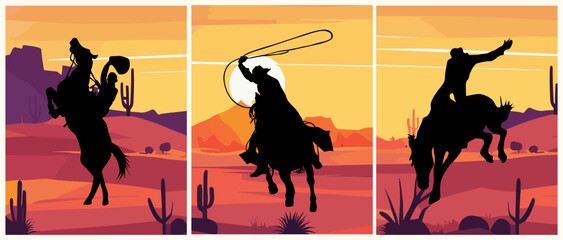 Set of silhouettes of cowboy riding horse on the background of a Wild West desert landscape with a sunset, red rocks, mountains, and cactuses. Vector art illustrations