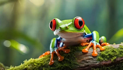 Foto op Canvas Red-eyed tree frog closeup on leaves, Red-eyed tree frog (Agalychnis callidryas) looks over leaf edge © blackdiamond67