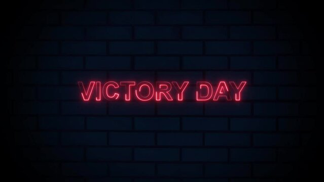 Abstract glowing neon Victory Day red color text animation. Brick background 4k video.