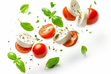 Mozzarella cheese with tomatoes pepper and basil on white background Organic Mediterranean caprese salad concept Clipping path