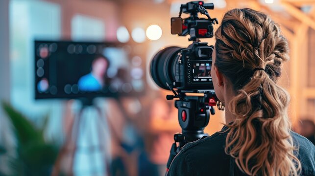 Back view of young female vlogger with camera on tripod in recording studio. Content creators concept
