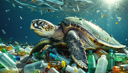 Sea turtle in the ocean swims on plastic in its natural habitat polluted by garbage and plastic waste - ai generated