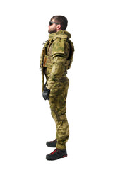 Full length portrait of man soldier wearing ammunition on white background