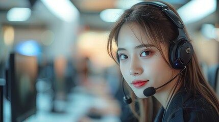 Asian young woman call center operator wearing headphones with a microphone