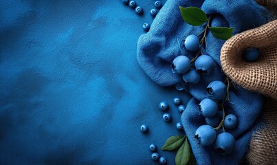 Scattered blueberry on burlap and blue background. - obrazy, fototapety, plakaty