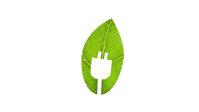 Green energy logo animation. Waving green leaf with plug on white background. Renewable energy symbol motion graphics. Generating electricity in a sustainable way 
