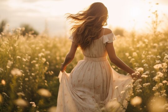 A woman gracefully walking through the field with the wildflowers