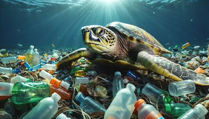 Fotobehang Sea turtle in the ocean swims on plastic in its natural habitat polluted by garbage and plastic waste - ai generated © Christoph Burgstedt