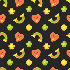 Festive pattern for St. Patrick's Day with clover and rainbow. Hand drawn flat cartoon elements. Vector illustration