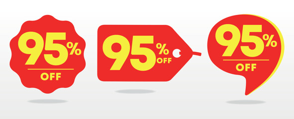95% off. Special offer, sticker, set, sale. Poster price discount, value. Red, yellow balloon, tag. Advertising, promo, discount, store. Icon, symbol, vector. Campaign retail