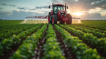 Tractor spraying of agricultural lands - obrazy, fototapety, plakaty