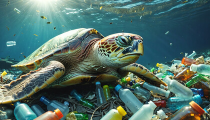 Sea turtle in the ocean swims on plastic in its natural habitat polluted by garbage and plastic waste - ai generated