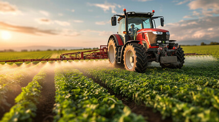 Tractor spraying of agricultural lands - obrazy, fototapety, plakaty