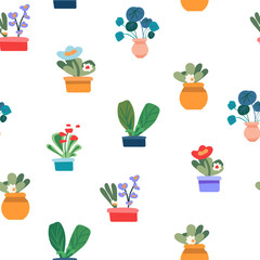 Botanical seamless pattern for printing textiles, paper, cards. Indoor flowers. House plants in pots for the interior. Minimalism. Vector illustration.
