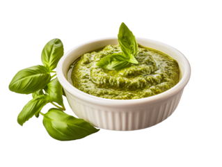 a bowl of green sauce with leaves