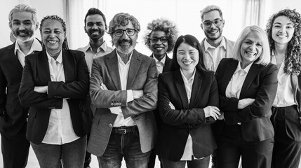 Multi generational workers smiling in front of camera inside business office - Multiracial entrepreneur and teamwork concept - Main focus on man with glasses - lack and white editing