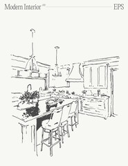 Modern interior. Kitchen with an island dining table and chairs. Hand drawn vector illustration.