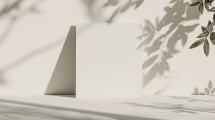 Minimalistic mockup scene with shadow of leaves on a white paper background