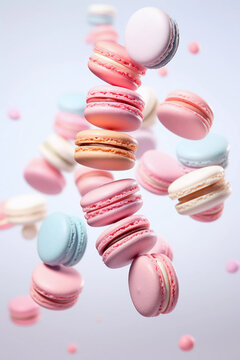 Flying macrons on a light pastel background. Generative AI
