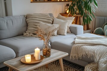 Modern boho interior of living room in cozy apartment. Simple cozy living room interior with light gray sofa, decorative pillows, wooden table with candles and natural decorations