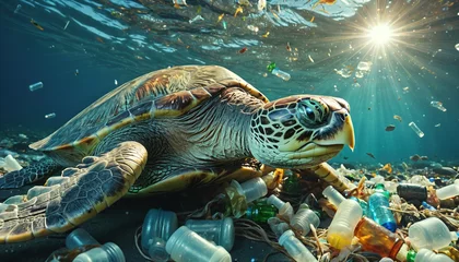 Fotobehang Sea turtle in the ocean swims on plastic in its natural habitat polluted by garbage and plastic waste - ai generated © Christoph Burgstedt
