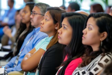 group of attendees seated in a seminar listening intently