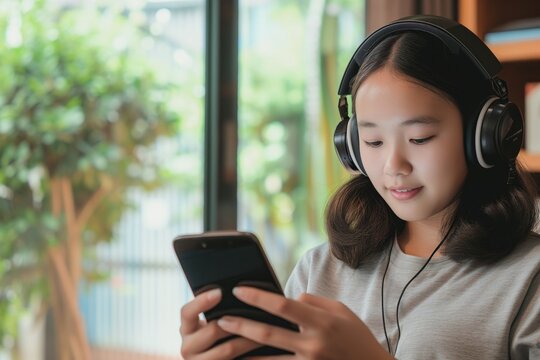 girl with headphones using a language learning app