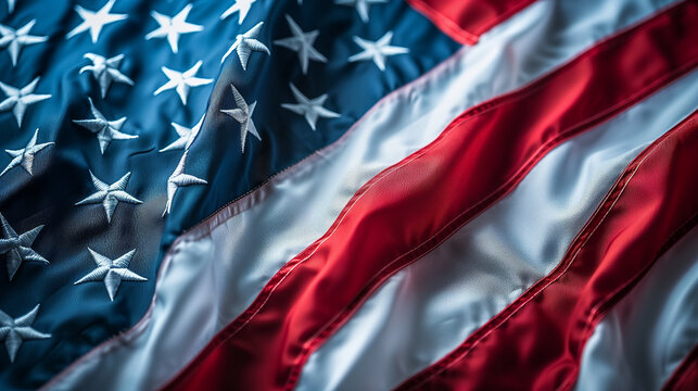 Textured American flag close-up, symbol of patriotism and national pride in the United States