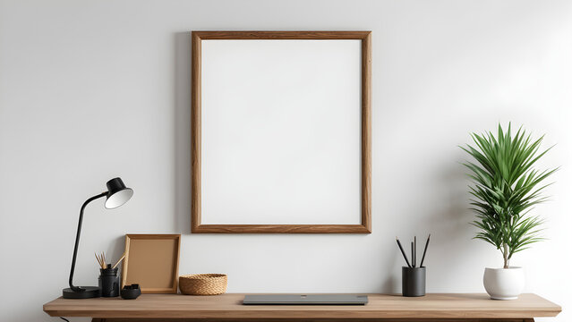 empty wooden picture frame mockup hanging on white wall working space home office