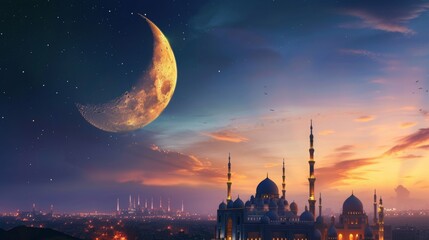 a golden crescent with a mosque in the background, with beautiful mosques, crescent moon in background