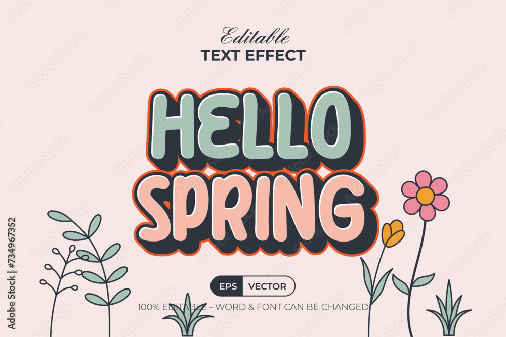 Aufkleber Hello Spring Text Effect Cute Retro Style. Editable Text Effect Spring Theme Template Vector.
