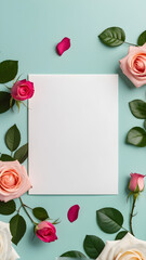 empty wedding mockup with white paper list and flowers roses on colored table top view