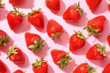 Fresh red strawberry pattern on isolated pink pastel. Generative AI