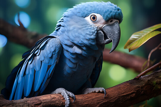 a Spix's Macaw standing on tree