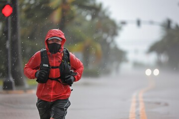 jogger in heavy rain gear braving the hurricane conditions