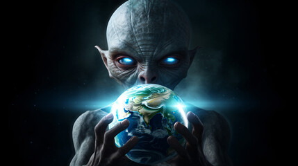 Extraterrestrial alien holds the planet Earth.