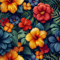 Tropical rainforest leaves and flowers as background, ai generated