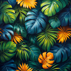 Leaves tropical rainforest, as frameless background, ai generated