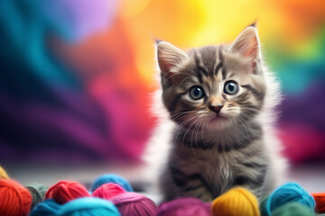 Fototapeta na wymiar Tabby Kitten Amongst Colorful Yarn Balls