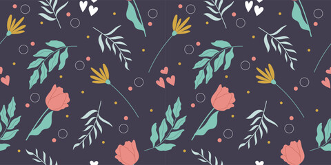 Elegant handdrawn pattern with spring flowers and leaves on dark background. Square seamless vector design.