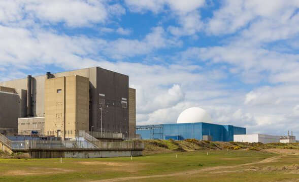 Sizewell A and B nuclear power stations on the site of the upcoming Sizewell C power station. Suffolk, UK